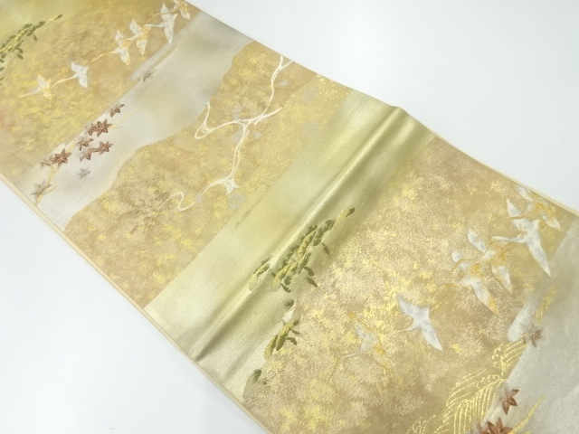 リサイクル　霞に群鶴・草花模様織出し袋帯